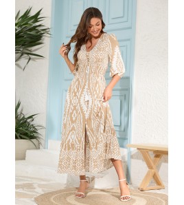 FCSE61010002 Cotton Three-Quarter Sleeve Waist-cinching Bohemian Resort Beach Dress