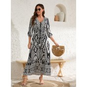 FCSE61010002 Cotton Three-Quarter Sleeve Waist-cinching Bohemian Resort Beach Dress