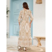 FCSE61010002 Cotton Three-Quarter Sleeve Waist-cinching Bohemian Resort Beach Dress