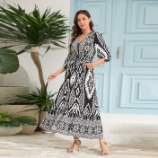 FCSE61010002 Cotton Three-Quarter Sleeve Waist-cinching Bohemian Resort Beach Dress