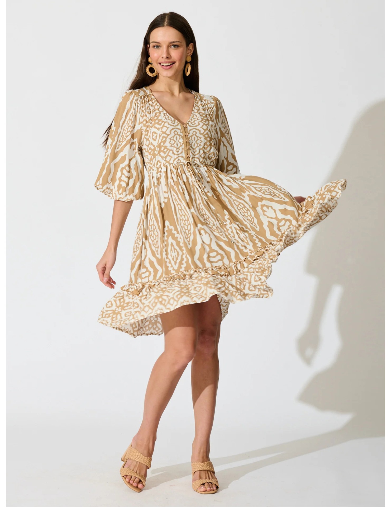 FCSE61010002 Cotton Three-Quarter Sleeve Waist-cinching Bohemian Resort Beach Dress