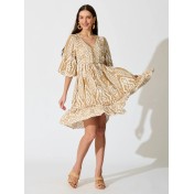 FCSE61010002 Cotton Three-Quarter Sleeve Waist-cinching Bohemian Resort Beach Dress