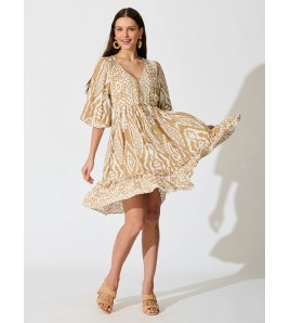 FCSE61010002 Cotton Three-Quarter Sleeve Waist-cinching Bohemian Resort Beach Dress