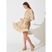 FCSE61010002 Cotton Three-Quarter Sleeve Waist-cinching Bohemian Resort Beach Dress