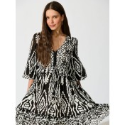 FCSE61010002 Cotton Three-Quarter Sleeve Waist-cinching Bohemian Resort Beach Dress
