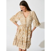 FCSE61010002 Cotton Three-Quarter Sleeve Waist-cinching Bohemian Resort Beach Dress