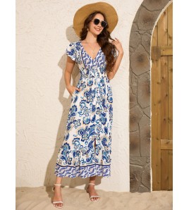 FCSE61010004 Cotton Ruffled Sleeve Waist-cinching V-neck Bohemian Beach Resort Style Dress