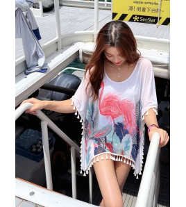 FCSE61011001 Chiffon Beach Sun Protection Clothing Women's Summer Swimsuit Outerwear Bikini Top Tassel Pullover