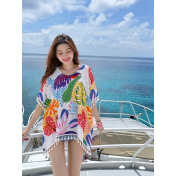 FCSE61011001 Chiffon Beach Sun Protection Clothing Women's Summer Swimsuit Outerwear Bikini Top Tassel Pullover