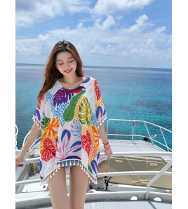 FCSE61011001 Chiffon Beach Sun Protection Clothing Women's Summer Swimsuit Outerwear Bikini Top Tassel Pullover