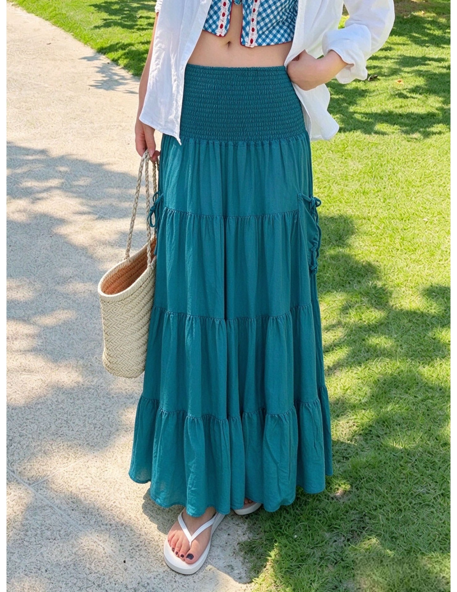 FCSE61011003 Solid Color People Cotton Beach Dress Women Seaside Vacation Long Cake Dress Bikini Cover Cover Skirt
