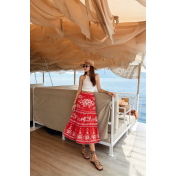 FCSE61012001 Printed Women's Midi Skirt with Elastic Waist, Lace Trim, and Full Hem - Bohemian Style