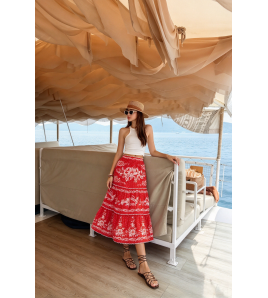 FCSE61012001 Printed Women's Midi Skirt with Elastic Waist, Lace Trim, and Full Hem - Bohemian Style