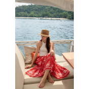 FCSE61012001 Printed Women's Midi Skirt with Elastic Waist, Lace Trim, and Full Hem - Bohemian Style