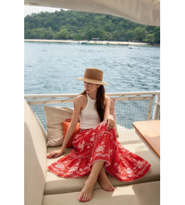 FCSE61012001 Printed Women's Midi Skirt with Elastic Waist, Lace Trim, and Full Hem - Bohemian Style
