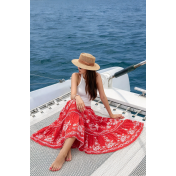 FCSE61012001 Printed Women's Midi Skirt with Elastic Waist, Lace Trim, and Full Hem - Bohemian Style