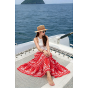 FCSE61012001 Printed Women's Midi Skirt with Elastic Waist, Lace Trim, and Full Hem - Bohemian Style