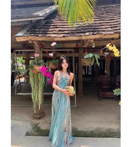 FCSE61012002 Vintage Bohemian Halter Neck Halter Dress Feminine Backless Seaside Resort Maxi Dress