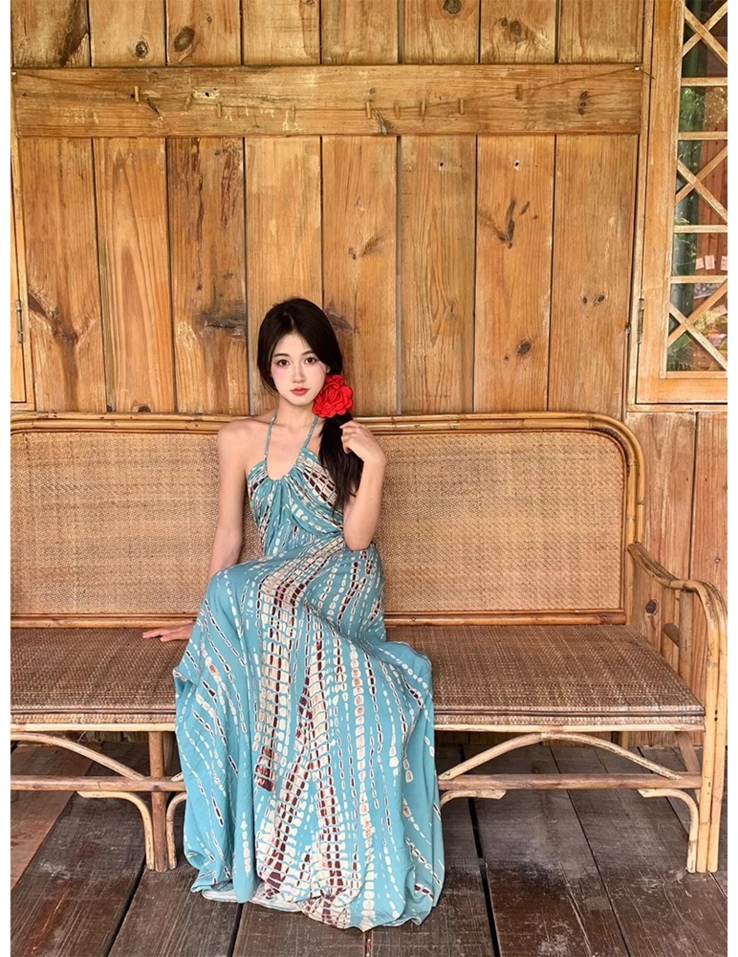 FCSE61012002 Vintage Bohemian Halter Neck Halter Dress Feminine Backless Seaside Resort Maxi Dress