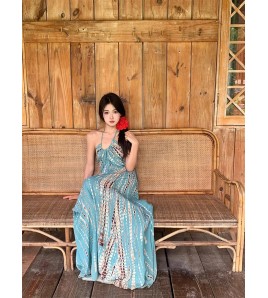 FCSE61012002 Vintage Bohemian Halter Neck Halter Dress Feminine Backless Seaside Resort Maxi Dress