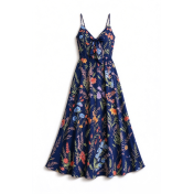 FCSE61013001 Fresh and sweet V-neck bow-tie suspender dress with floral print.