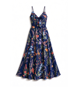FCSE61013001 Fresh and sweet V-neck bow-tie suspender dress with floral print.