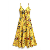 FCSE61013001 Fresh and sweet V-neck bow-tie suspender dress with floral print.
