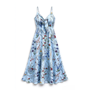 FCSE61013001 Fresh and sweet V-neck bow-tie suspender dress with floral print.
