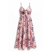 FCSE61013001 Fresh and sweet V-neck bow-tie suspender dress with floral print.
