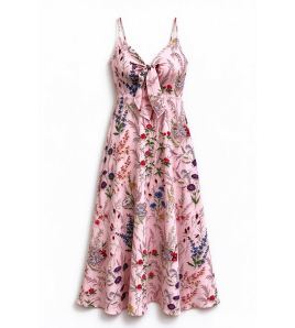 FCSE61013001 Fresh and sweet V-neck bow-tie suspender dress with floral print.