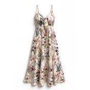 FCSE61013001 Fresh and sweet V-neck bow-tie suspender dress with floral print.