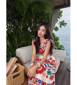 FCSE61014001 V-neck printed summer new style slim waist long dress