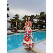 FCSE61014001 V-neck printed summer new style slim waist long dress