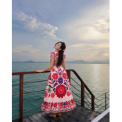 FCSE61014001 V-neck printed summer new style slim waist long dress