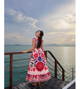 FCSE61014001 V-neck printed summer new style slim waist long dress