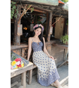 FCSE61022003 Casual High Waist Backless Suspender Long Dress Ethnic Style Seaside Vacation Dress