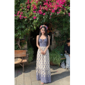 FCSE61022003 Casual High Waist Backless Suspender Long Dress Ethnic Style Seaside Vacation Dress