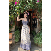 FCSE61022003 Casual High Waist Backless Suspender Long Dress Ethnic Style Seaside Vacation Dress