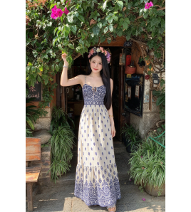 FCSE61022003 Casual High Waist Backless Suspender Long Dress Ethnic Style Seaside Vacation Dress