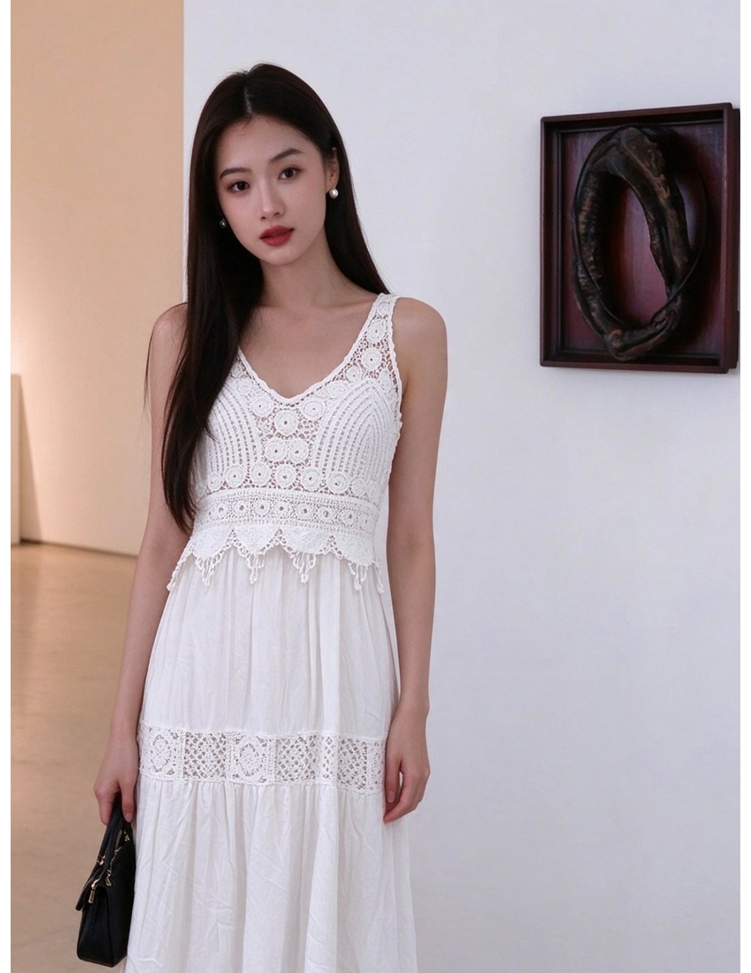 FCSE61026001 Lace High-Waisted Slit Dress - Elegant Workwear Dress with Straps