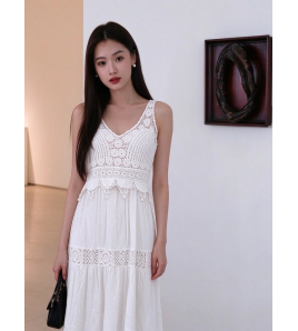 FCSE61026001 Lace High-Waisted Slit Dress - Elegant Workwear Dress with Straps
