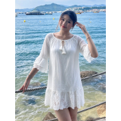 FCSE61026002 Solid Color Cotton Loose White Lace Dress for Commute/Resort Style
