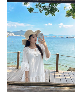 FCSE61026002 Solid Color Cotton Loose White Lace Dress for Commute/Resort Style