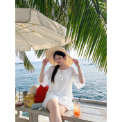 FCSE61026002 Solid Color Cotton Loose White Lace Dress for Commute/Resort Style