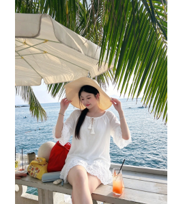 FCSE61026002 Solid Color Cotton Loose White Lace Dress for Commute/Resort Style