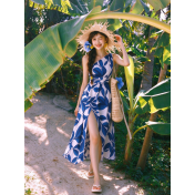 FCSE61027001 Printed Off-Shoulder Slit Women's Dress, Elegant Long Dress for Vacation Style