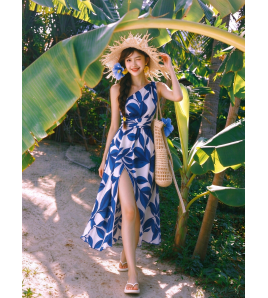 FCSE61027001 Printed Off-Shoulder Slit Women's Dress, Elegant Long Dress for Vacation Style