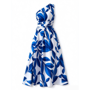 FCSE61027001 Printed Off-Shoulder Slit Women's Dress, Elegant Long Dress for Vacation Style