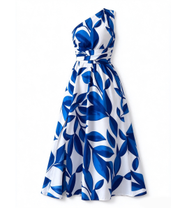 FCSE61027001 Printed Off-Shoulder Slit Women's Dress, Elegant Long Dress for Vacation Style