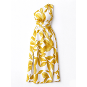 FCSE61027001 Printed Off-Shoulder Slit Women's Dress, Elegant Long Dress for Vacation Style
